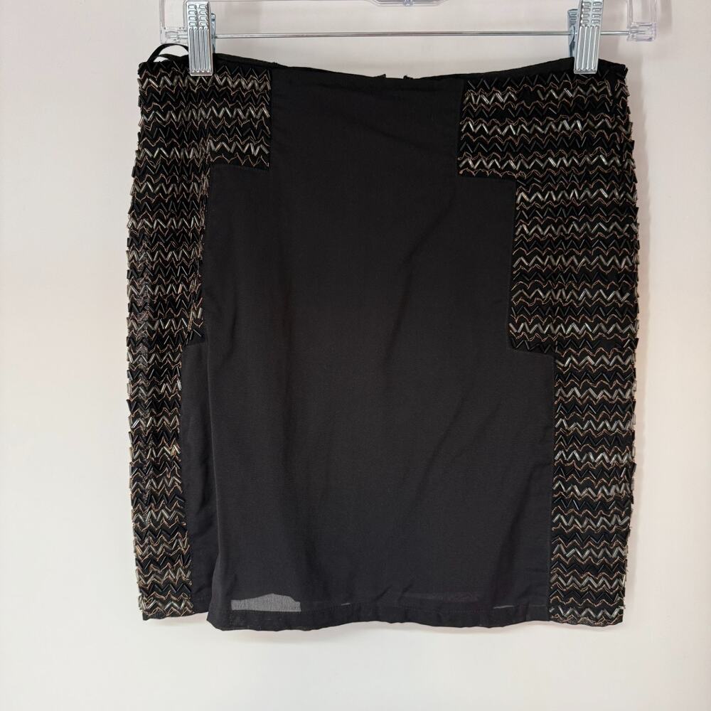 NWT Patterson J Kincaid Mini Skirt Women XS Black Gold Chevron Sequined Straight